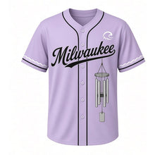 Load image into Gallery viewer, Wind Chimes Milwaukee Baseball Jersey in Twilight Lavender, front view – hanging metal wind chime tubes graphic, custom name and number