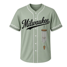 Load image into Gallery viewer, Wind Chimes Milwaukee Baseball Jersey in Back Porch Sage, front view – hanging metal wind chime tubes graphic, custom name and number