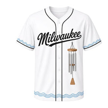 Load image into Gallery viewer, Wind Chimes Milwaukee Baseball Jersey in Breeze White, front view – hanging metal wind chime tubes graphic, custom name and number