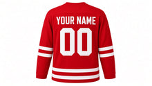 Load image into Gallery viewer, Winter Carnival Original Hockey Jersey in Red, back view with your name and number