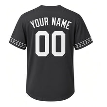 Load image into Gallery viewer, Winter Chickadee Milwaukee Baseball Jersey in Winter Charcoal, back view with your name and number – custom block name and number with snowflake-stripe sleeves