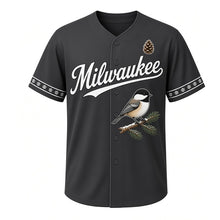 Load image into Gallery viewer, Winter Chickadee Milwaukee Baseball Jersey in Winter Charcoal, front view – black-capped chickadee on a snowy pine branch graphic with pinecone crest, custom name and number