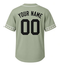 Load image into Gallery viewer, Winter Chickadee Milwaukee Baseball Jersey in Pine Sage, back view with your name and number – custom block name and number with snowflake-stripe sleeves