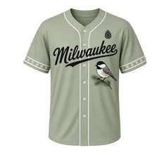 Load image into Gallery viewer, Winter Chickadee Milwaukee Baseball Jersey in Pine Sage, front view – black-capped chickadee on a snowy pine branch graphic with pinecone crest, custom name and number