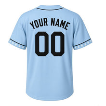 Load image into Gallery viewer, Winter Chickadee Milwaukee Baseball Jersey in Frost Sky Blue, back view with your name and number – custom block name and number with snowflake-stripe sleeves