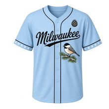 Load image into Gallery viewer, Winter Chickadee Milwaukee Baseball Jersey in Frost Sky Blue, front view – black-capped chickadee on a snowy pine branch graphic with pinecone crest, custom name and number