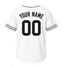 Load image into Gallery viewer, Winter Chickadee Milwaukee Baseball Jersey in Snowfall White, back view with your name and number – custom block name and number with snowflake-stripe sleeves