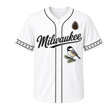 Load image into Gallery viewer, Winter Chickadee Milwaukee Baseball Jersey in Snowfall White, front view – black-capped chickadee on a snowy pine branch graphic with pinecone crest, custom name and number