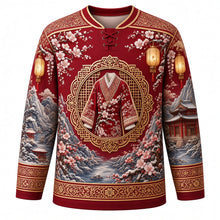 Load image into Gallery viewer, Winter Clothing Festival Original Hockey Jersey in Plum Red, front view with detailed full-body artwork and ornate crest