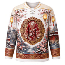 Load image into Gallery viewer, Winter Clothing Festival Original Hockey Jersey in Snow White, front view with detailed full-body artwork and ornate crest