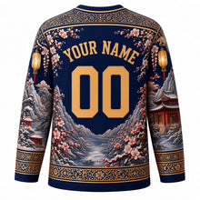 Load image into Gallery viewer, Winter Clothing Festival Original Hockey Jersey in Midnight Blue, back view with custom YOUR NAME and 00