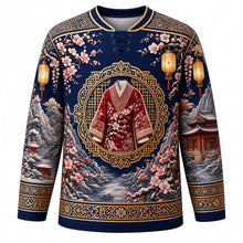 Load image into Gallery viewer, Winter Clothing Festival Original Hockey Jersey in Midnight Blue, front view with detailed full-body artwork and ornate crest