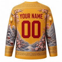 Load image into Gallery viewer, Winter Clothing Festival Original Hockey Jersey in Paper Gold, back view with custom YOUR NAME and 00