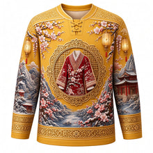 Load image into Gallery viewer, Winter Clothing Festival Original Hockey Jersey in Paper Gold, front view with detailed full-body artwork and ornate crest