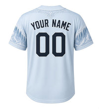 Load image into Gallery viewer, Winter Lake Surf Milwaukee Baseball Jersey in Ice Shelf Blue, back view with your name and number – icicle-patterned sleeves and wave hem