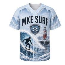 Load image into Gallery viewer, Winter Lake Surf Milwaukee Baseball Jersey in Ice Shelf Blue, front view – surfer riding an icy Lake Michigan wave past frozen piers, custom name and number