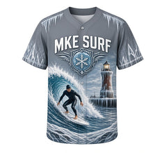 Load image into Gallery viewer, Winter Lake Surf Milwaukee Baseball Jersey in Storm Gray, front view – surfer riding an icy Lake Michigan wave past frozen piers, custom name and number