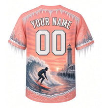 Load image into Gallery viewer, Winter Lake Surf Milwaukee Baseball Jersey in Frozen Sunrise Coral, back view with your name and number – icicle-patterned sleeves and wave hem