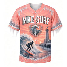 Load image into Gallery viewer, Winter Lake Surf Milwaukee Baseball Jersey in Frozen Sunrise Coral, front view – surfer riding an icy Lake Michigan wave past frozen piers, custom name and number