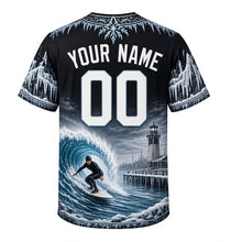 Load image into Gallery viewer, Winter Lake Surf Milwaukee Baseball Jersey in Wetsuit Black, back view with your name and number – icicle-patterned sleeves and wave hem