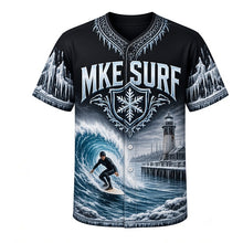 Load image into Gallery viewer, Winter Lake Surf Milwaukee Baseball Jersey in Wetsuit Black, front view – surfer riding an icy Lake Michigan wave past frozen piers, custom name and number