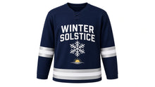 Load image into Gallery viewer, Winter Solstice Original Hockey Jersey in Navy, front view – custom name and number