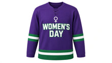 Load image into Gallery viewer, International Women's Day Original Hockey Jersey in Purple, front view – custom name and number