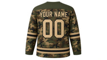 Load image into Gallery viewer, Woodland Camo Original Hockey Jersey in Forest Camo, back view with your name and number – pine-stripe yoke and double sleeve stripes
