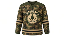 Load image into Gallery viewer, Woodland Camo Original Hockey Jersey in Forest Camo, front view – original woodland camouflage with pine-tree crest, custom name and number