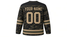 Load image into Gallery viewer, Woodland Camo Original Hockey Jersey in Midnight Ops, back view with your name and number – pine-stripe yoke and double sleeve stripes
