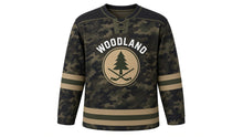 Load image into Gallery viewer, Woodland Camo Original Hockey Jersey in Midnight Ops, front view – original woodland camouflage with pine-tree crest, custom name and number