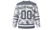 Load image into Gallery viewer, Woodland Camo Original Hockey Jersey in Snow Camo, back view with your name and number – pine-stripe yoke and double sleeve stripes