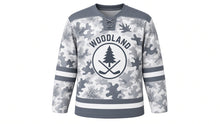 Load image into Gallery viewer, Woodland Camo Original Hockey Jersey in Snow Camo, front view – original woodland camouflage with pine-tree crest, custom name and number