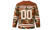 Load image into Gallery viewer, Woodland Camo Original Hockey Jersey in Autumn Timber, back view with your name and number – pine-stripe yoke and double sleeve stripes