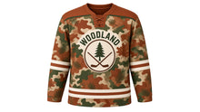 Load image into Gallery viewer, Woodland Camo Original Hockey Jersey in Autumn Timber, front view – original woodland camouflage with pine-tree crest, custom name and number