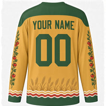 Load image into Gallery viewer, World Food Day Original Hockey Jersey in Wheat Gold, back view with custom YOUR NAME and 00