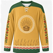 Load image into Gallery viewer, World Food Day Original Hockey Jersey in Wheat Gold, front view with themed artwork and clean crest