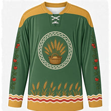 Load image into Gallery viewer, World Food Day Original Hockey Jersey in Harvest Green, front view with themed artwork and clean crest