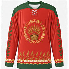 Load image into Gallery viewer, World Food Day Original Hockey Jersey in Tomato Red, front view with themed artwork and clean crest