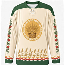 Load image into Gallery viewer, World Food Day Original Hockey Jersey in Cream, front view with themed artwork and clean crest