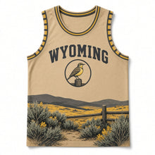 Load image into Gallery viewer, Wyoming Meadowlark Original Basketball Jersey in Prairie Tan, front view – custom name and number