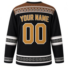Load image into Gallery viewer, Yemen Original Hockey Jersey in Basalt Black, back view with your name and number – Old Sana'a gypsum-frieze yoke and silver filigree sleeve bands