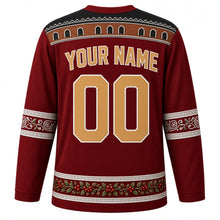 Load image into Gallery viewer, Yemen Original Hockey Jersey in Dragon's Blood Crimson, back view with your name and number – Old Sana'a gypsum-frieze yoke and silver filigree sleeve bands