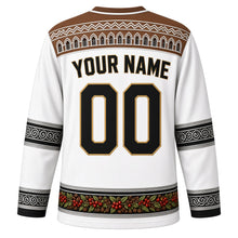 Load image into Gallery viewer, Yemen Original Hockey Jersey in Gypsum White, back view with your name and number – Old Sana'a gypsum-frieze yoke and silver filigree sleeve bands