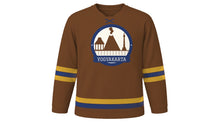 Load image into Gallery viewer, Yogyakarta Original Hockey Jersey in Sogan Batik Brown, front view – custom name and number