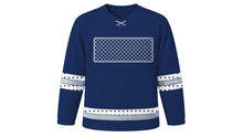 Load image into Gallery viewer, Yom Kippur Original Hockey Jersey in Navy, front view with fine diamond lattice chest band – custom name and number