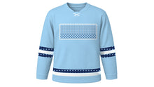 Load image into Gallery viewer, Yom Kippur Original Hockey Jersey in Sky Blue, front view with fine diamond lattice chest band – custom name and number