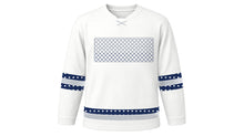 Load image into Gallery viewer, Yom Kippur Original Hockey Jersey in White, front view with fine diamond lattice chest band – custom name and number