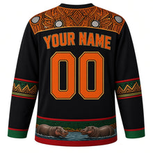 Load image into Gallery viewer, Zambia Original Hockey Jersey in Kafue Black, back view with your name and number – chitenge-print yoke and Tonga basket zigzag sleeve bands