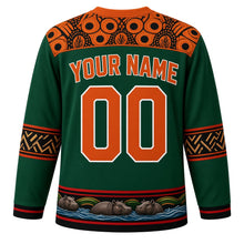 Load image into Gallery viewer, Zambia Original Hockey Jersey in Zambezi Green, back view with your name and number – chitenge-print yoke and Tonga basket zigzag sleeve bands